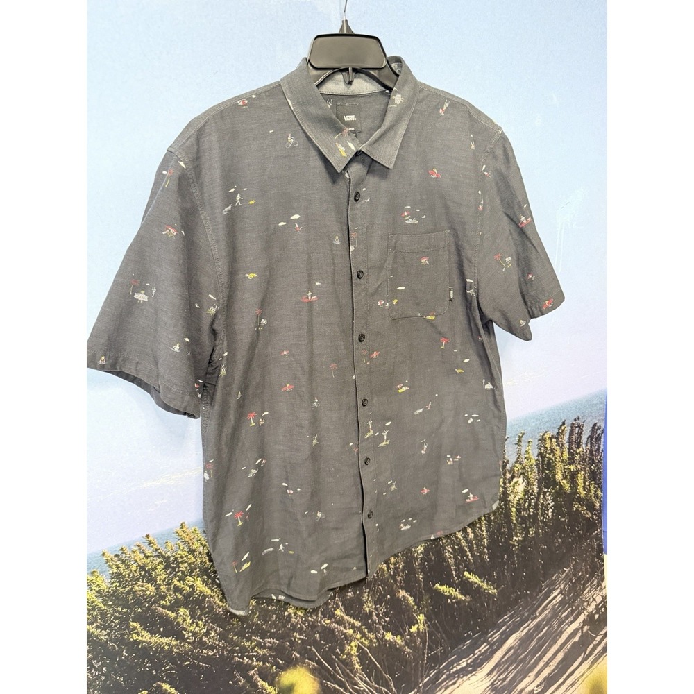 Vans Classic Fit Sz XL Short Sleeve Dark Gray Button Shirt Paddle Board Dog Swim